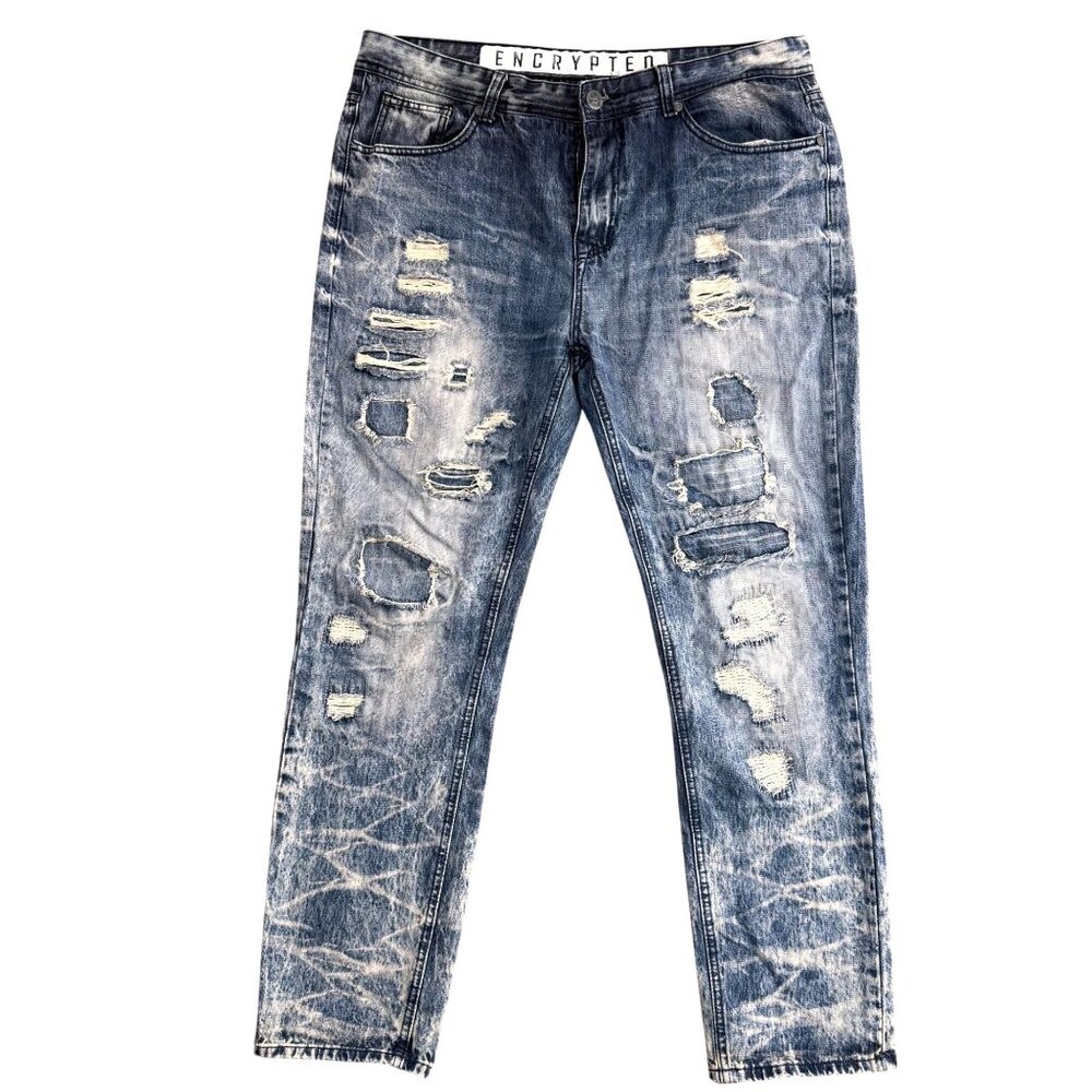 Encrypted Denim Jeans Mens 32x32 Distressed Moto Designer Hip Hop Straight‎ Leg